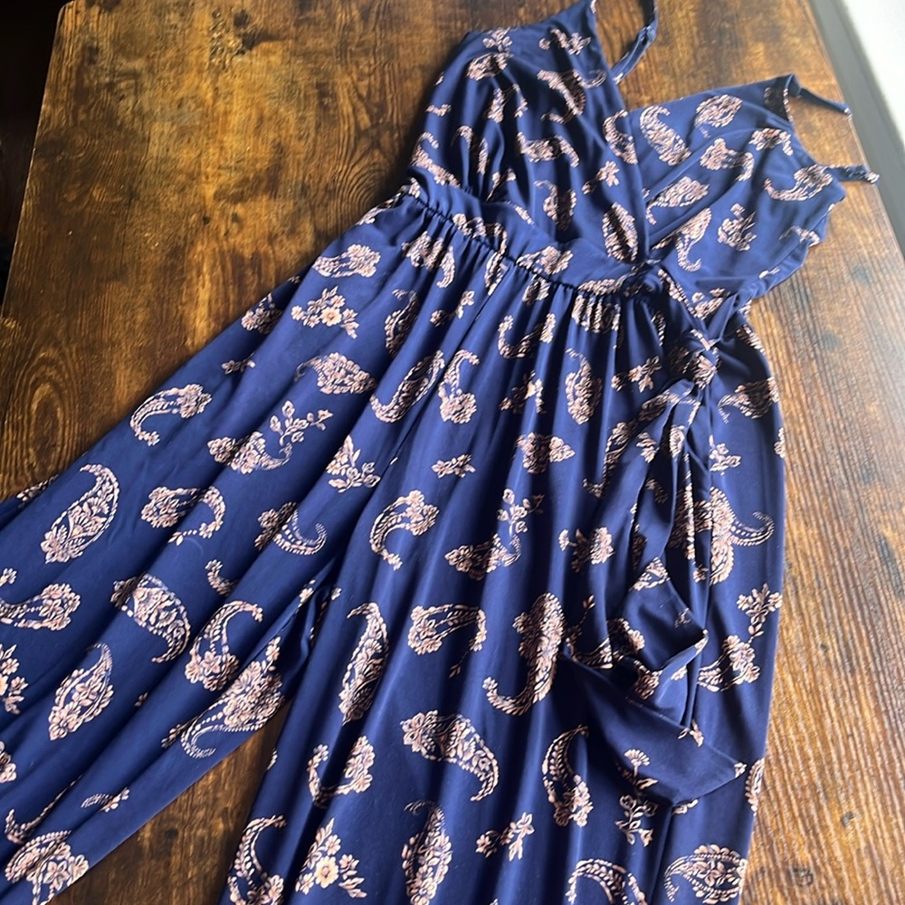 Women’s Kaileigh Rochelle Knit Jumpsuit Navy Blue and Orange Paisley Sz M EUC